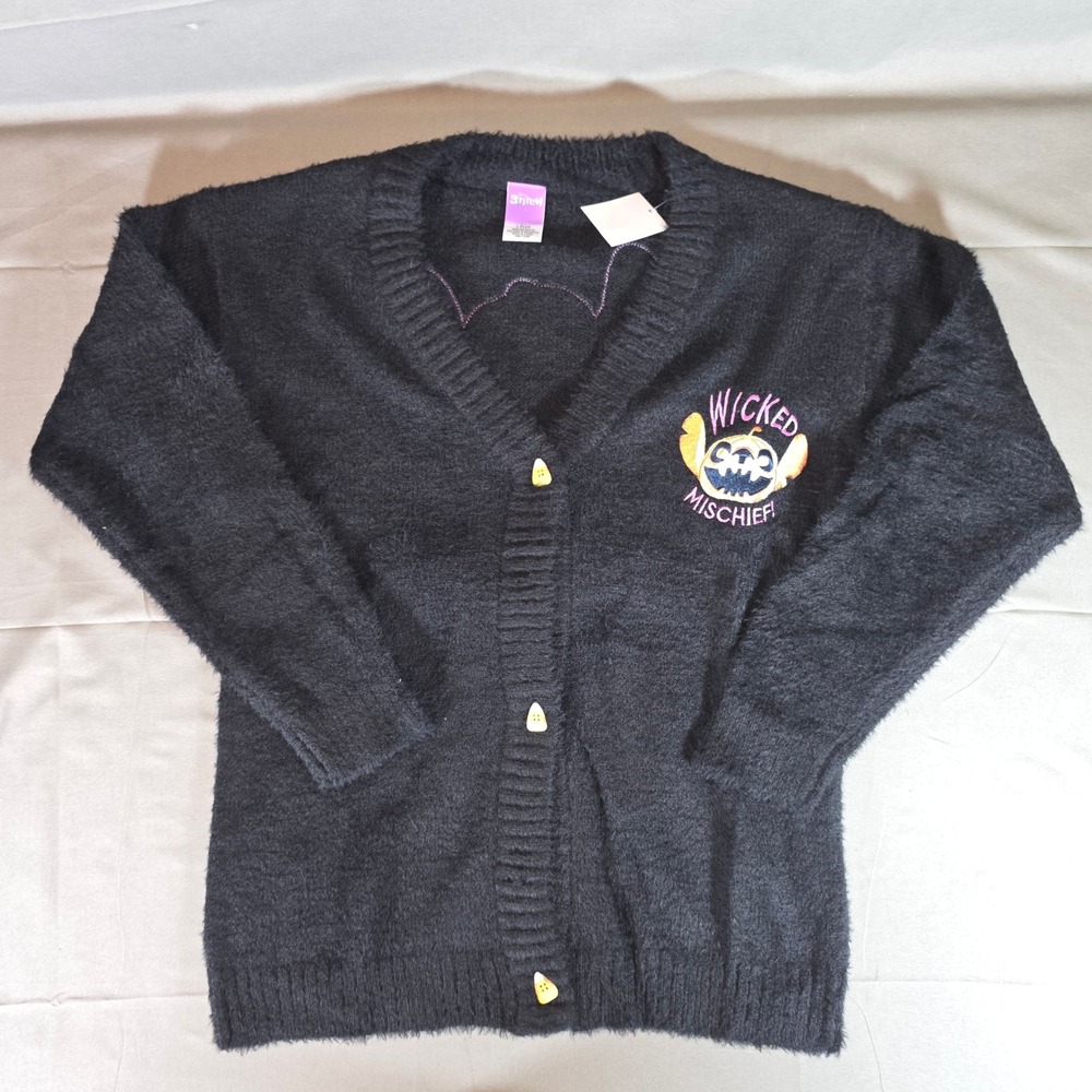 Disney Stitch Halloween Wicked Mischief Black Fuzzy Cardigan L Plus